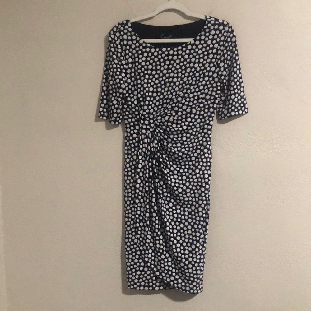 Connected Apparel Size 6P Elbow-Sleeve Gathered Jersey Sheath Dress in Navy